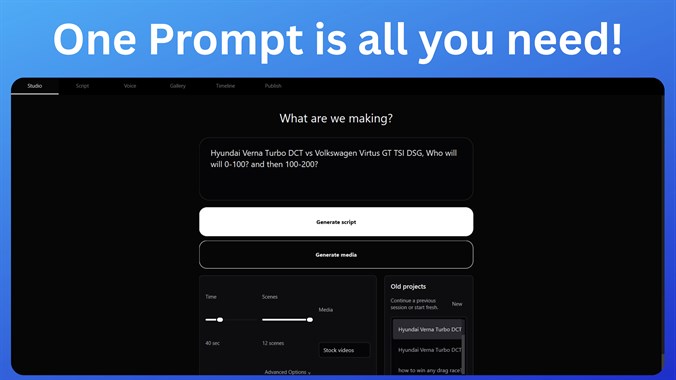 SceneFlow Studio prompt workspace for starting a short-form video project